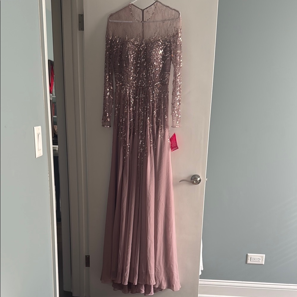 Terani Couture Sheer Lace Sleeve Sequin Embellished Chiffon Ball Gown